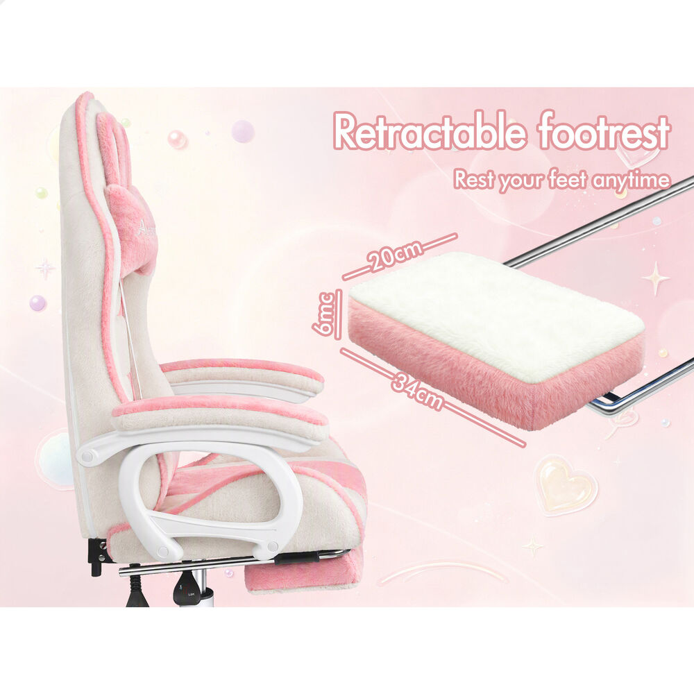 ALFORDSON Gaming Chair Rabbit Fur 2-Point Massage Lumbar Pillow Pink & White