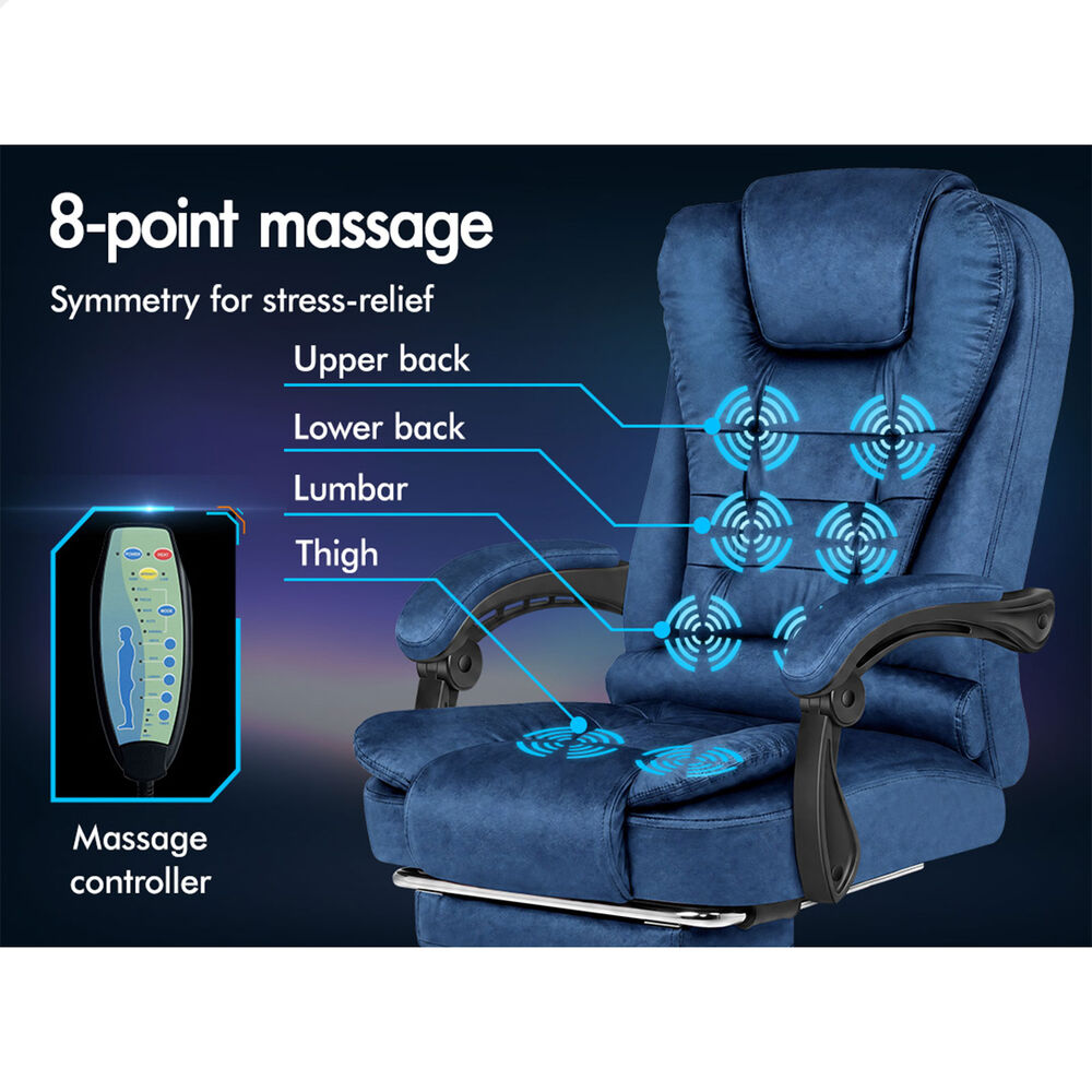 ALFORDSON Massage Office Chair Executive Heated Seat Gaming Racer Velvet Blue