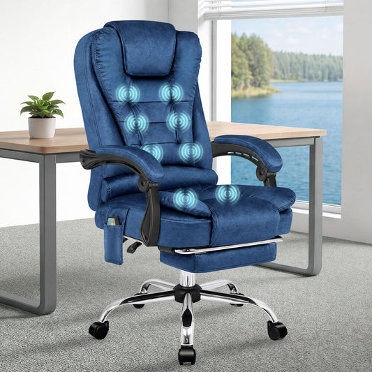 ALFORDSON Massage Office Chair Executive Heated Seat Gaming Racer Velvet Blue