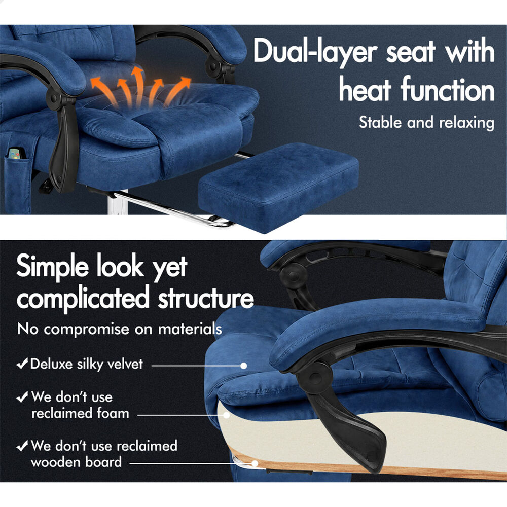 ALFORDSON Massage Office Chair Executive Heated Seat Gaming Racer Velvet Blue