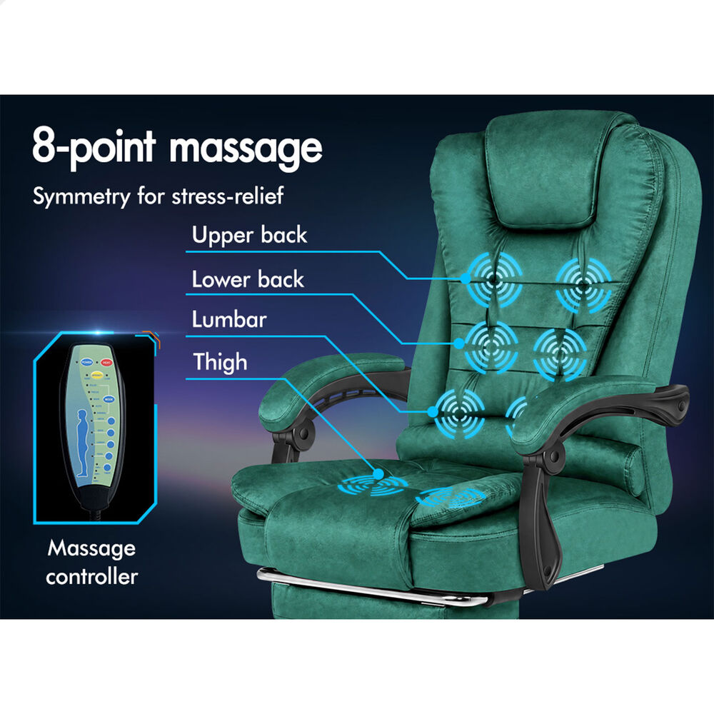 ALFORDSON Massage Office Chair Executive Heated Seat Gaming Racer Velvet Green