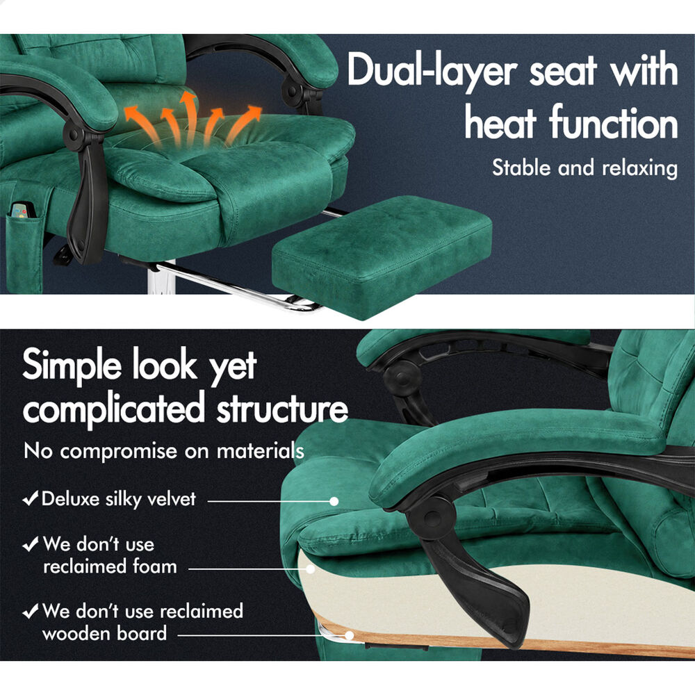 ALFORDSON Massage Office Chair Executive Heated Seat Gaming Racer Velvet Green