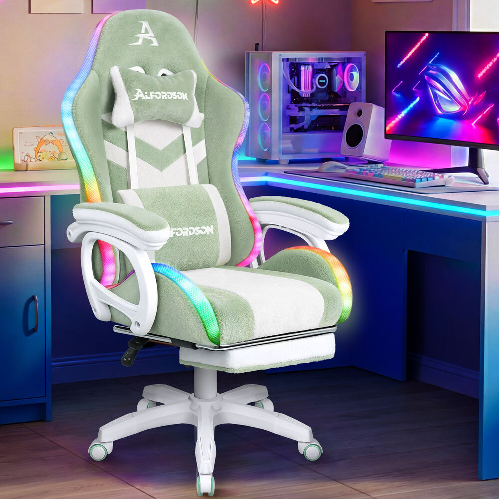 ALFORDSON LED Gaming Chair Office Massage Sherpa Fleece Green