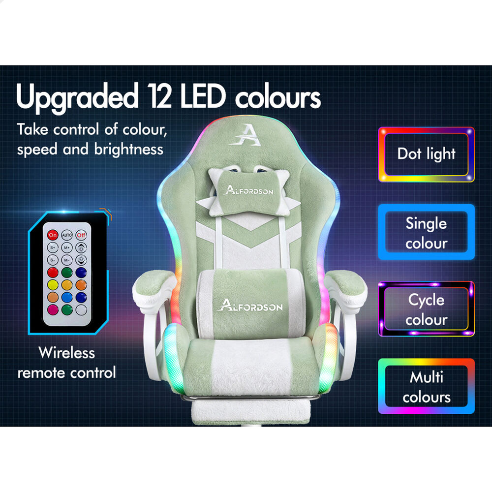 ALFORDSON LED Gaming Chair Office Massage Sherpa Fleece Green
