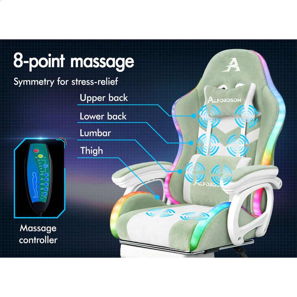 ALFORDSON LED Gaming Chair Office Massage Sherpa Fleece Green