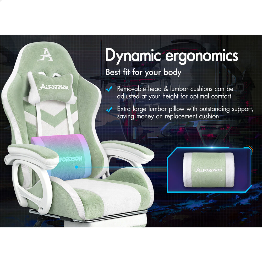 ALFORDSON LED Gaming Chair Office Massage Sherpa Fleece Green