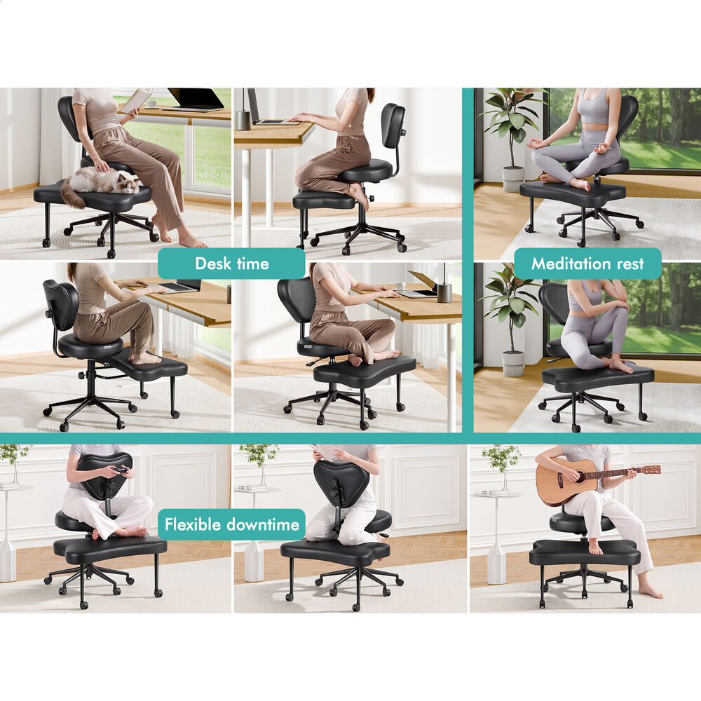 ALFORDSON Cross Legged Office Chair Kneeling Adjustable Backrest Leather Black