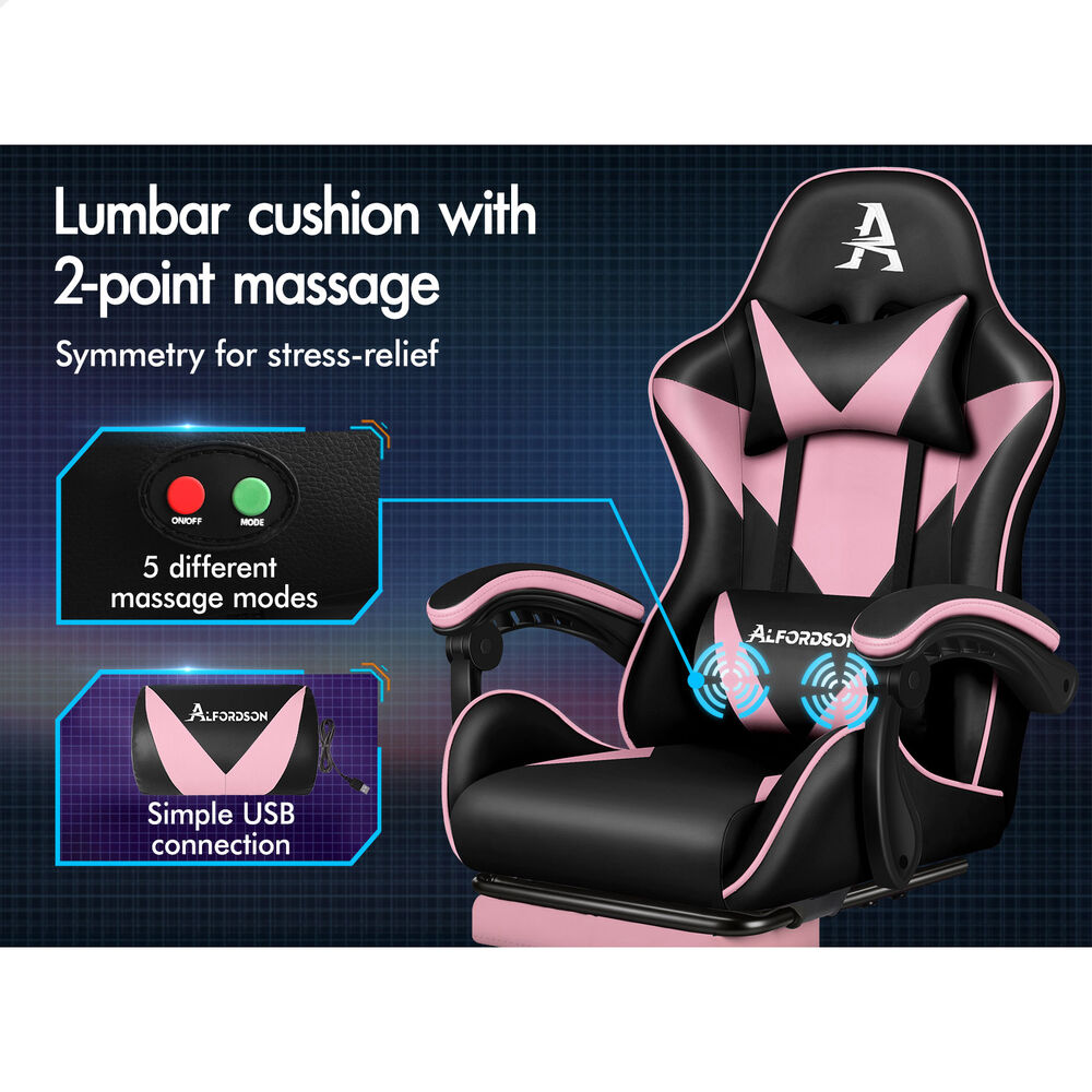 ALFORDSON® Gaming Office Chair Massage Footrest Leather Black & Pink