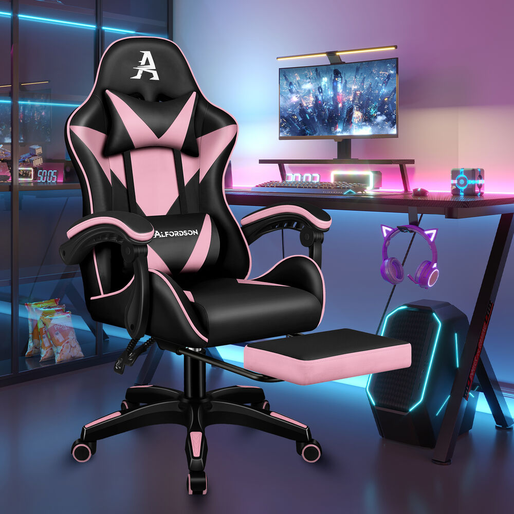 ALFORDSON® Gaming Office Chair Massage Footrest Leather Black & Pink
