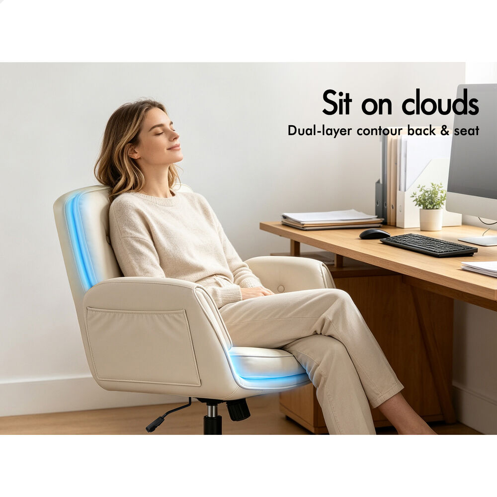 ALFORDSON Criss Cross Legged Office Chair Adjustable Armrests Leather Beige