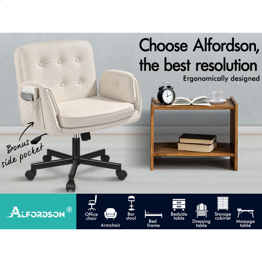 ALFORDSON Criss Cross Legged Office Chair Adjustable Armrests Leather Beige