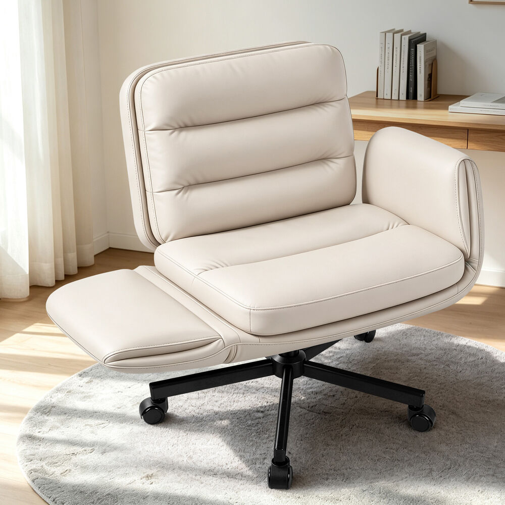 ALFORDSON Criss Cross Legged Office Chair Adjustable Armrests Leather Beige