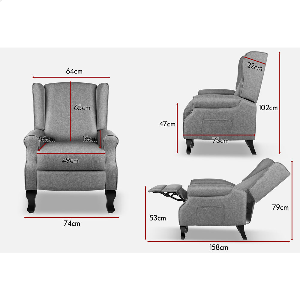 ALFORDSON Recliner Chair Armchair Accent Lounge Sofa Single Couch Fabric Grey