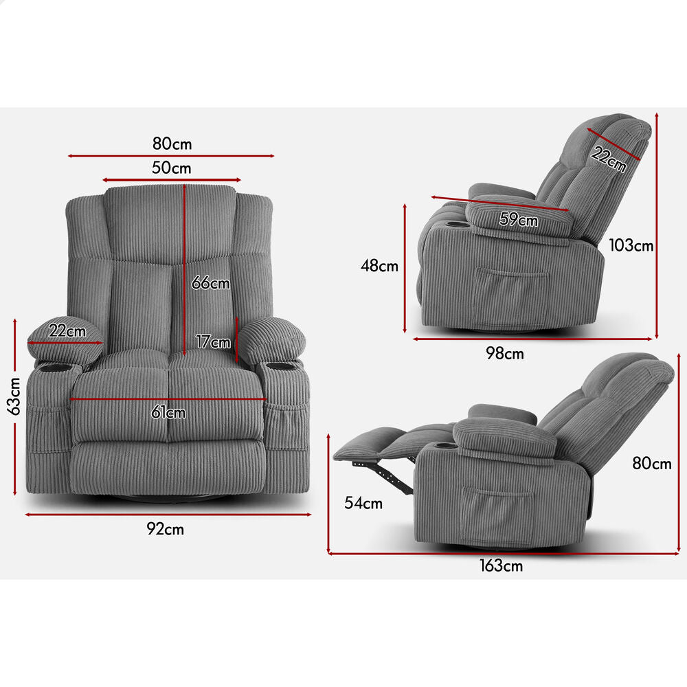 ALFORDSON Recliner Chair 360 Swivel Rocking Heated Massage Armchair Lounge Sofa