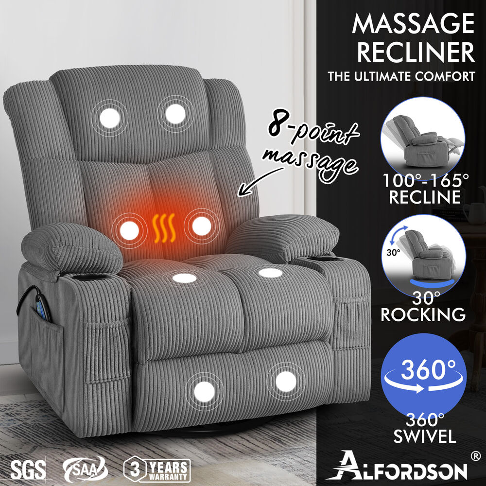 ALFORDSON Recliner Chair 360 Swivel Rocking Heated Massage Armchair Lounge Sofa