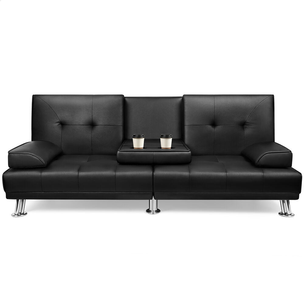 ALFORDSON Sofa Bed Lounge 3 Seater Recliner Futon Couch Cup Holder Leather Black