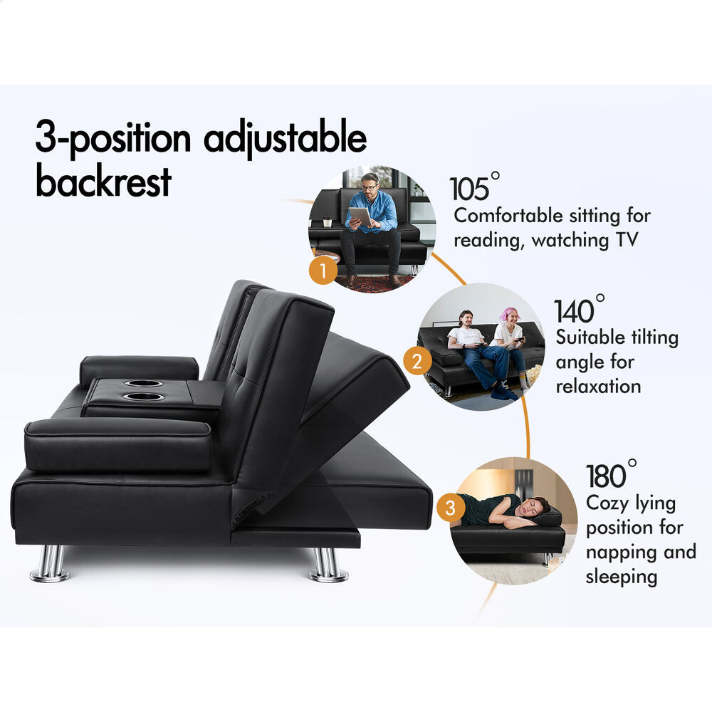 ALFORDSON Sofa Bed Lounge 3 Seater Recliner Futon Couch Cup Holder Leather Black