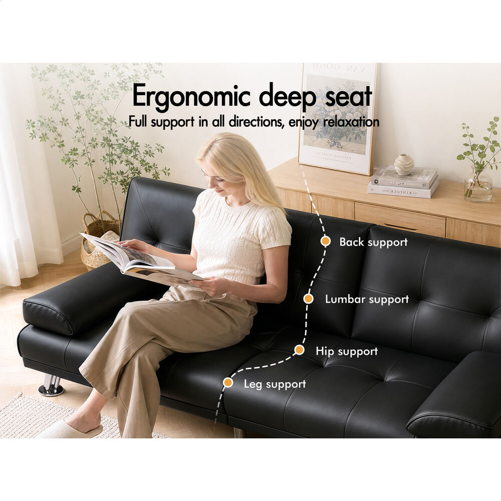 ALFORDSON Sofa Bed Lounge 3 Seater Recliner Futon Couch Cup Holder Leather Black