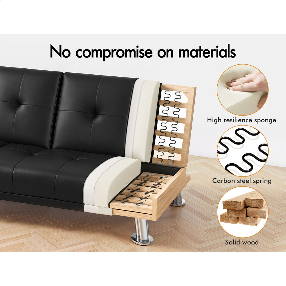 ALFORDSON Sofa Bed Lounge 3 Seater Recliner Futon Couch Cup Holder Leather Black