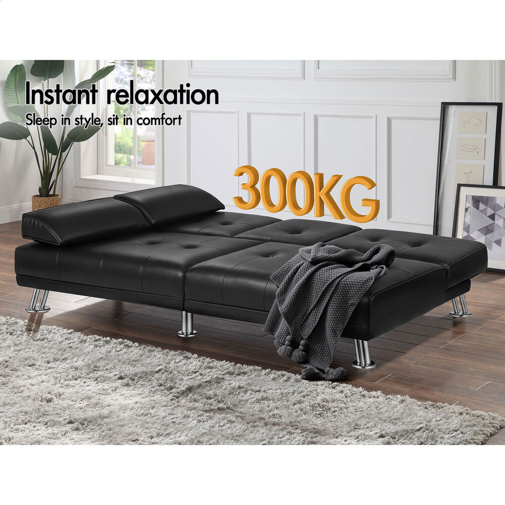 ALFORDSON Sofa Bed Lounge 3 Seater Recliner Futon Couch Cup Holder Leather Black