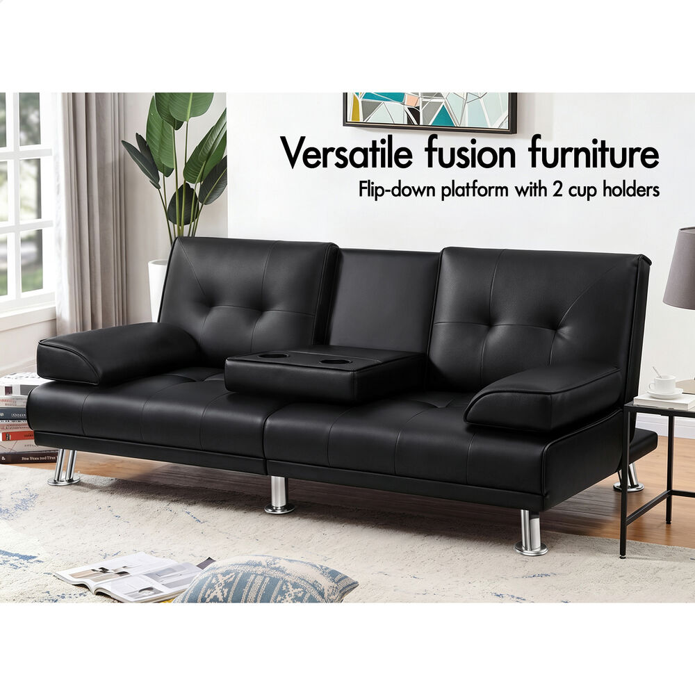 ALFORDSON Sofa Bed Lounge 3 Seater Recliner Futon Couch Cup Holder Leather Black
