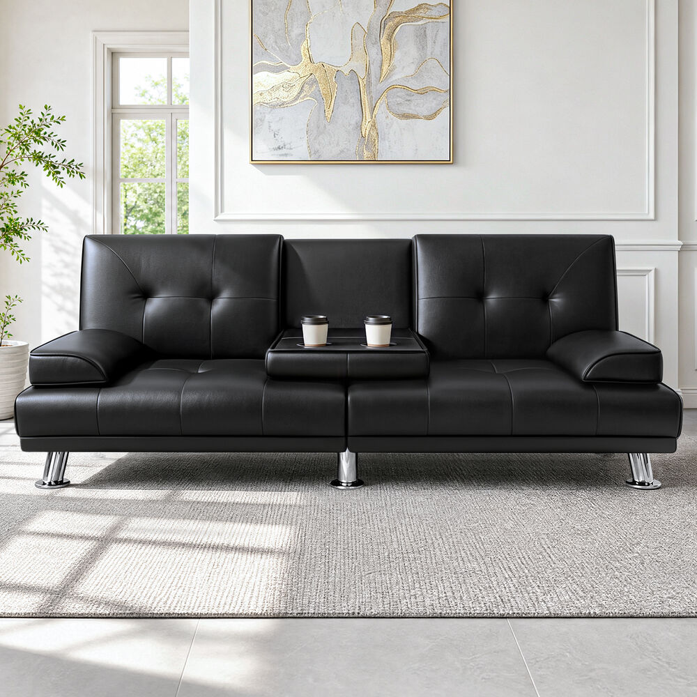 ALFORDSON Sofa Bed Lounge 3 Seater Recliner Futon Couch Cup Holder Leather Black