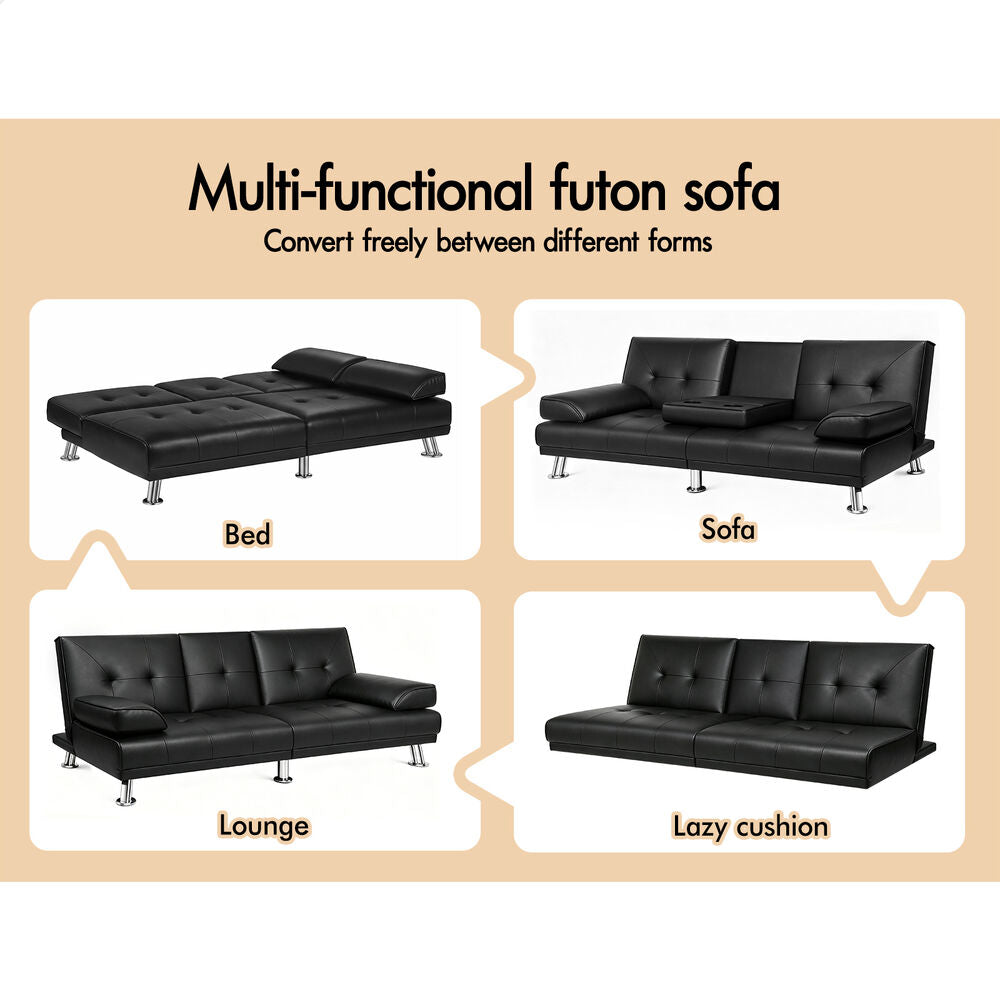 ALFORDSON Sofa Bed Lounge 3 Seater Recliner Futon Couch Cup Holder Leather Black