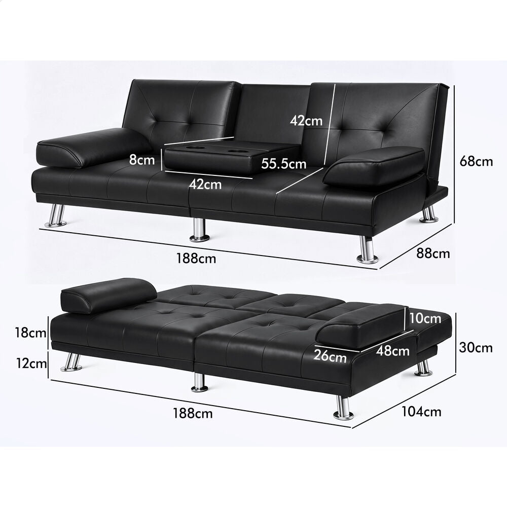 ALFORDSON Sofa Bed Lounge 3 Seater Recliner Futon Couch Cup Holder Leather Black