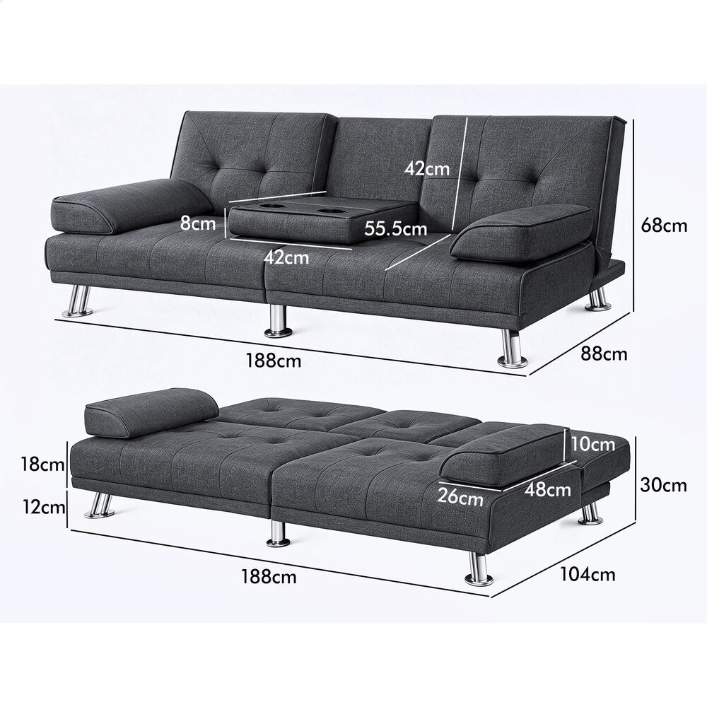 ALFORDSON Sofa Bed Lounge Convertible 3 Seater Futon Couch Cup Holder Grey
