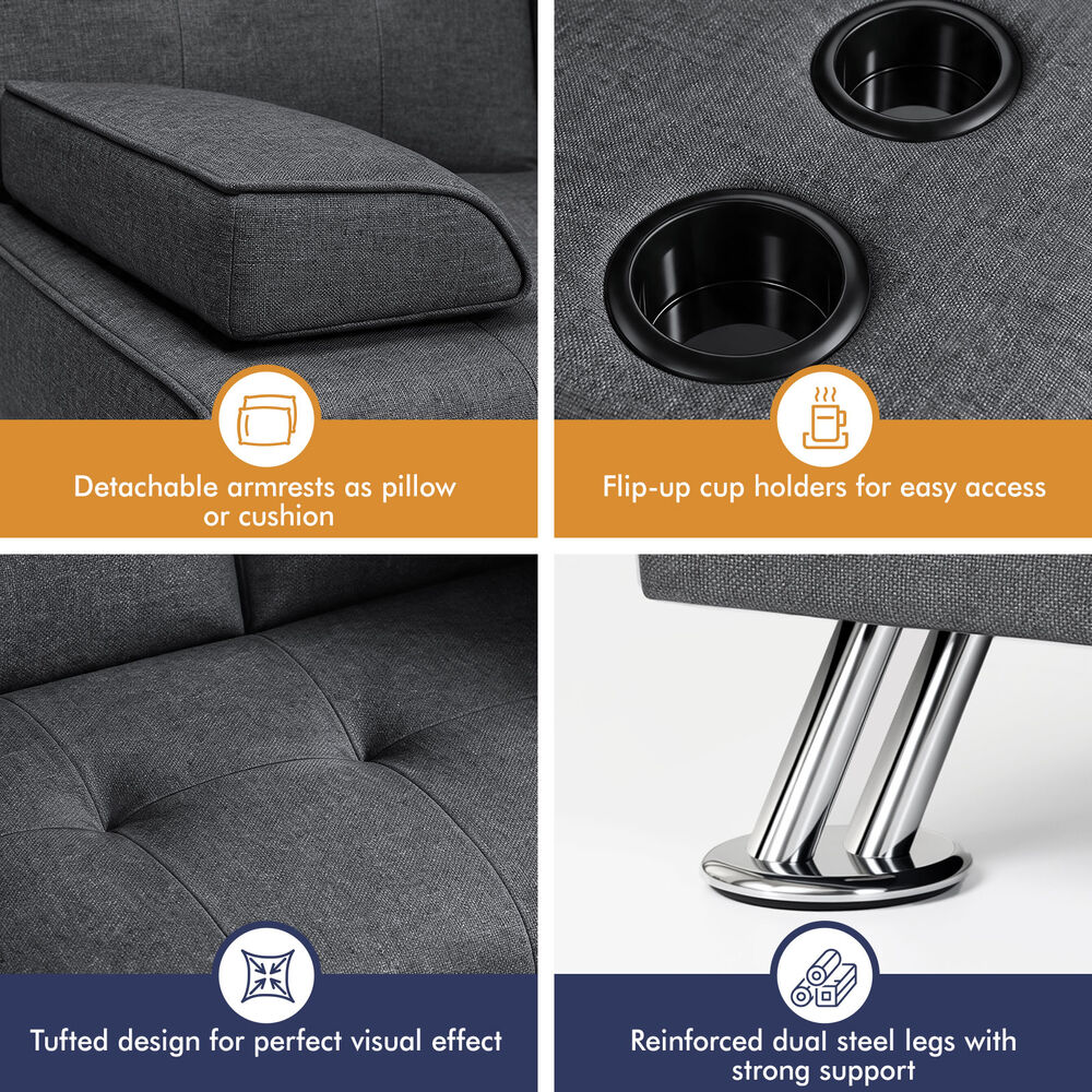 ALFORDSON Sofa Bed Lounge Convertible 3 Seater Futon Couch Cup Holder Grey