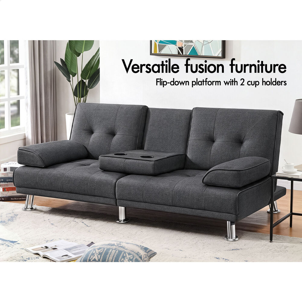 ALFORDSON Sofa Bed Lounge Convertible 3 Seater Futon Couch Cup Holder Grey
