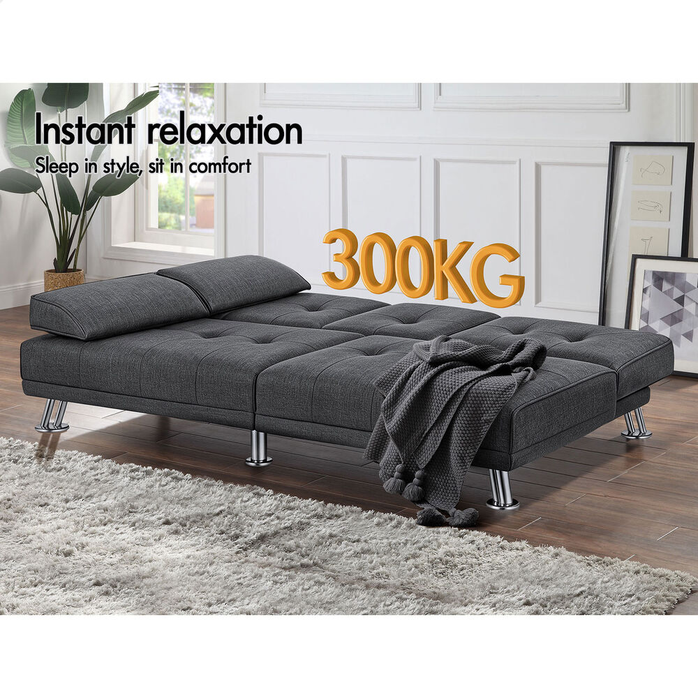 ALFORDSON Sofa Bed Lounge Convertible 3 Seater Futon Couch Cup Holder Grey