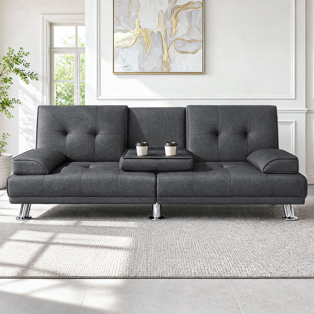 ALFORDSON Sofa Bed Lounge Convertible 3 Seater Futon Couch Cup Holder Grey
