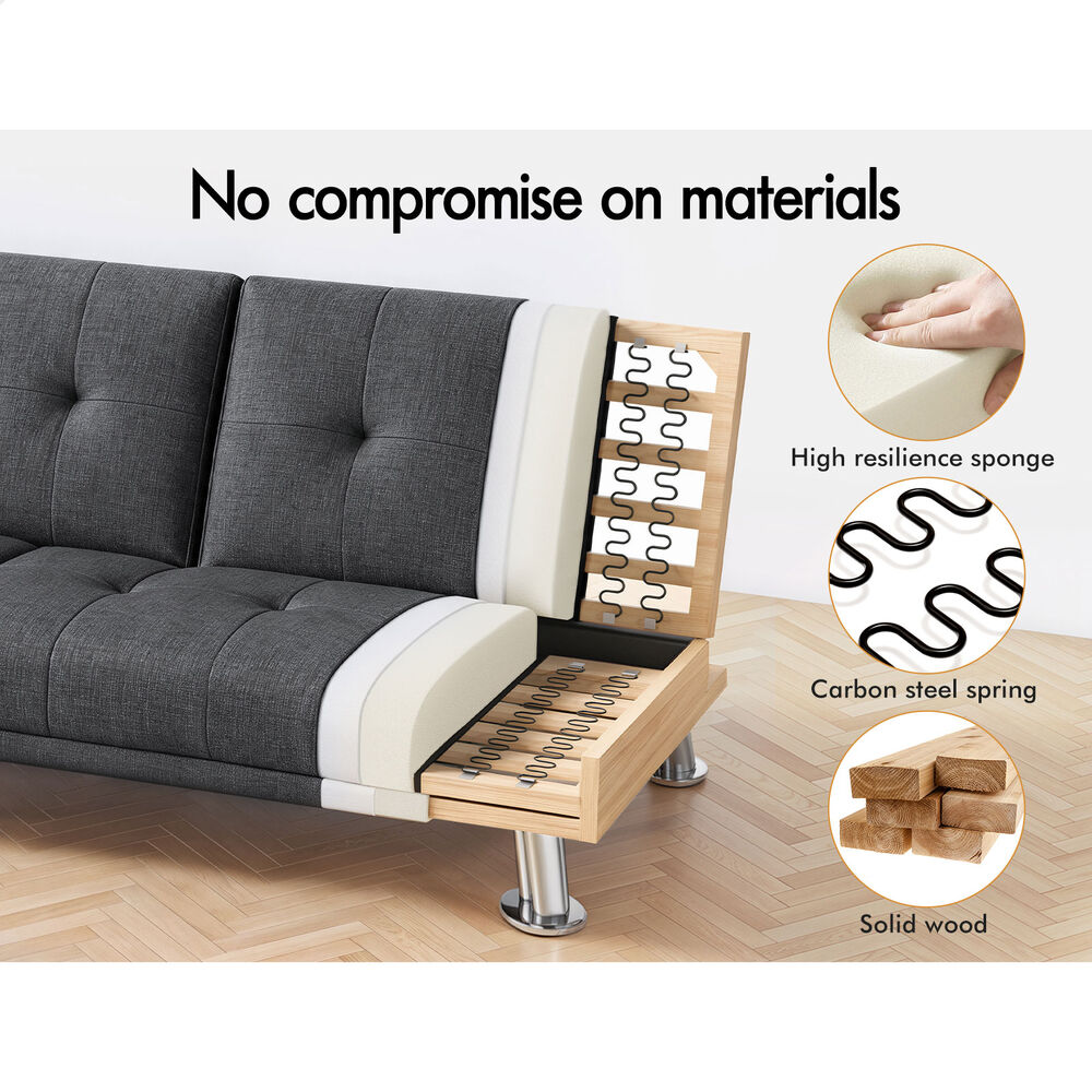 ALFORDSON Sofa Bed Lounge Convertible 3 Seater Futon Couch Cup Holder Grey