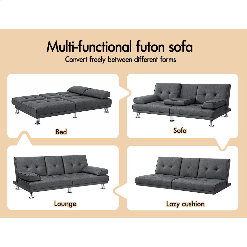 ALFORDSON Sofa Bed Lounge Convertible 3 Seater Futon Couch Cup Holder Grey