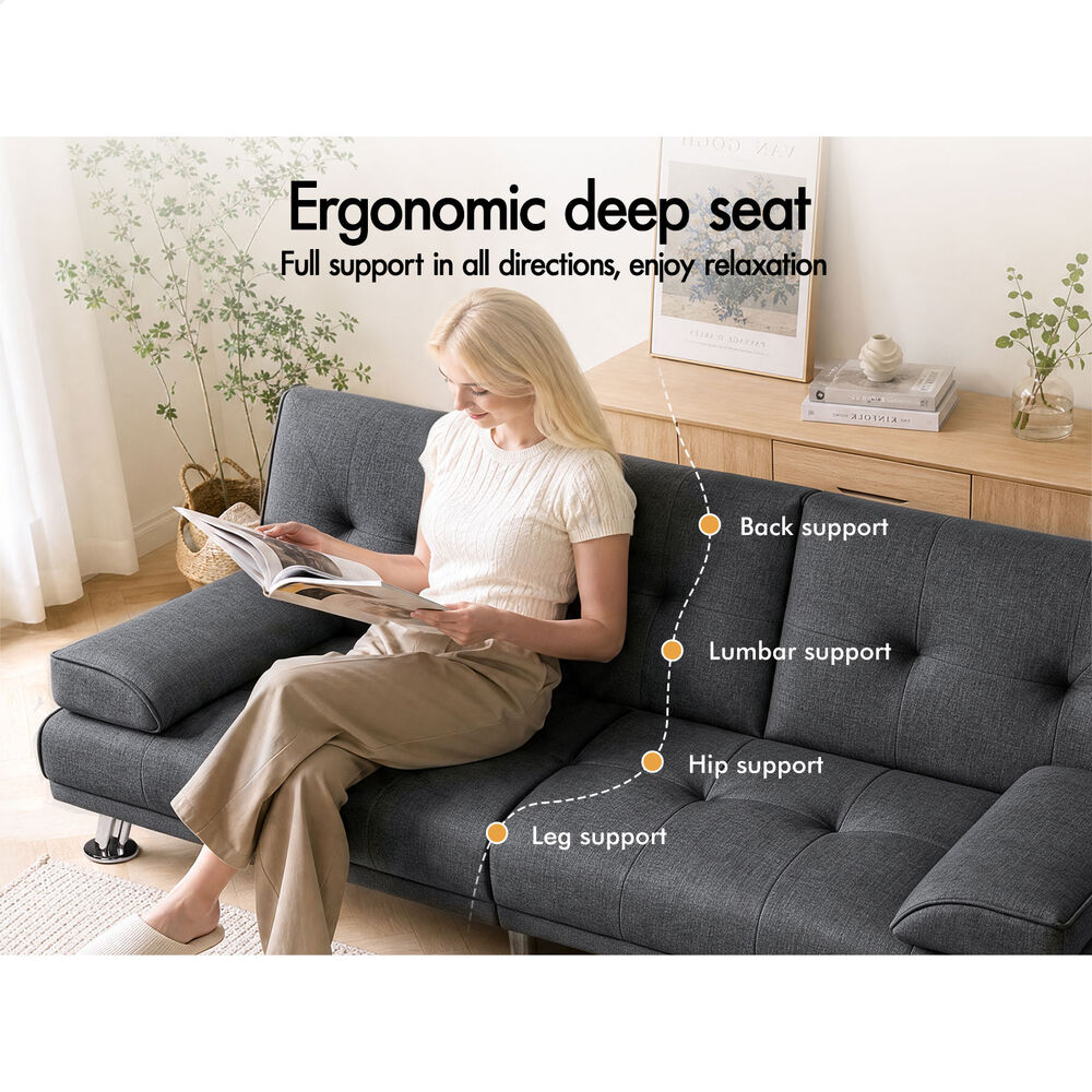 ALFORDSON Sofa Bed Lounge Convertible 3 Seater Futon Couch Cup Holder Grey