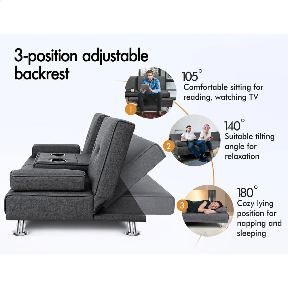 ALFORDSON Sofa Bed Lounge Convertible 3 Seater Futon Couch Cup Holder Grey