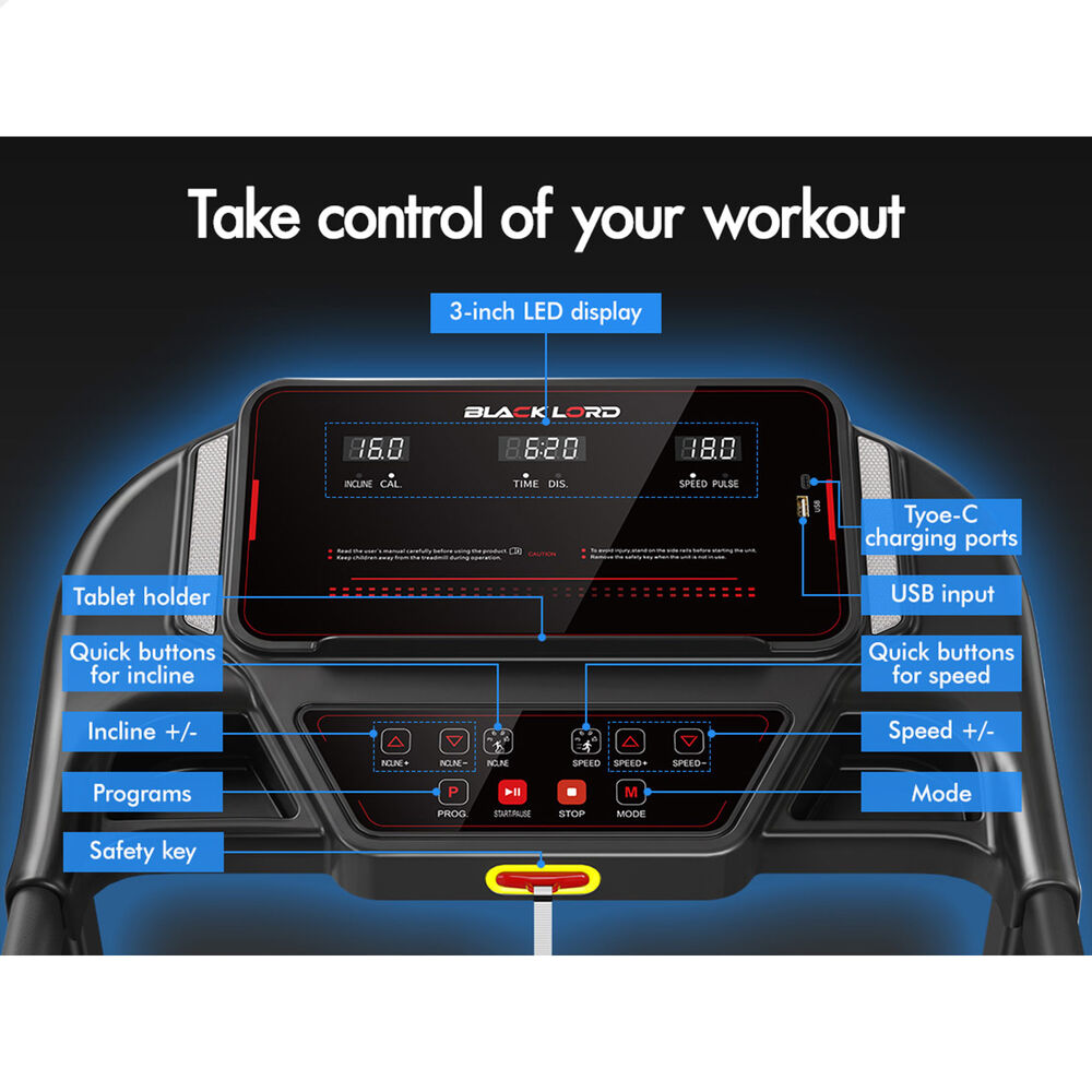 BLACK LORD Treadmill Electric Incline Home Gym Running Machine Fitness Foldable