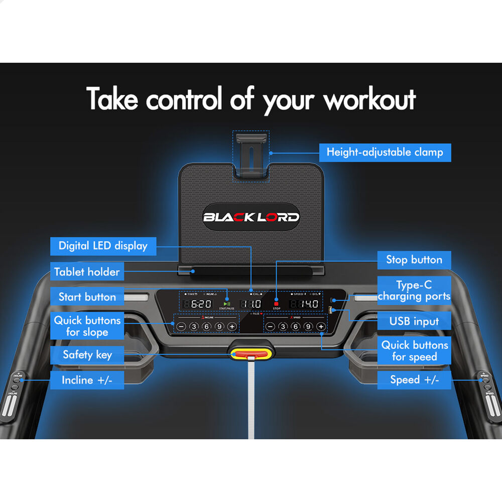 BLACK LORD Treadmill Electric 20% Auto Incline Running Machine Foldable 440mm