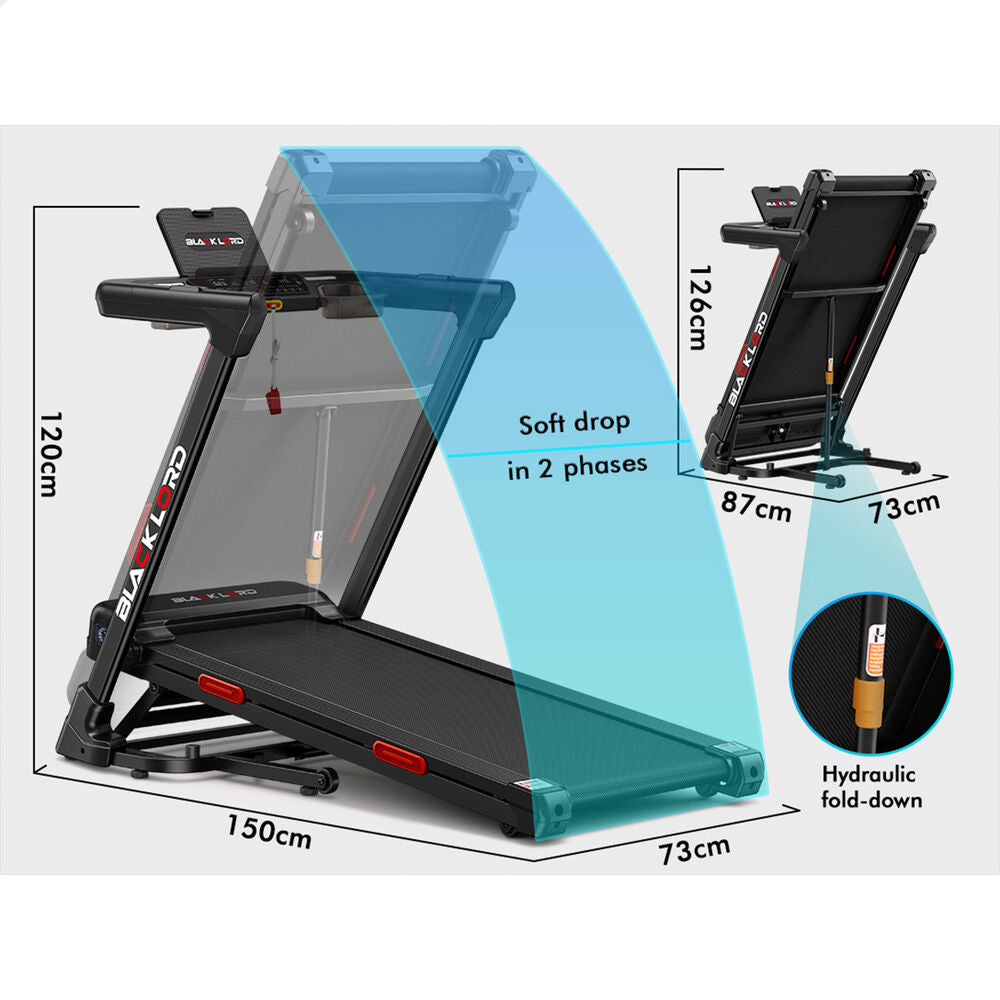 BLACK LORD Treadmill Electric 20% Auto Incline Running Machine Foldable 440mm