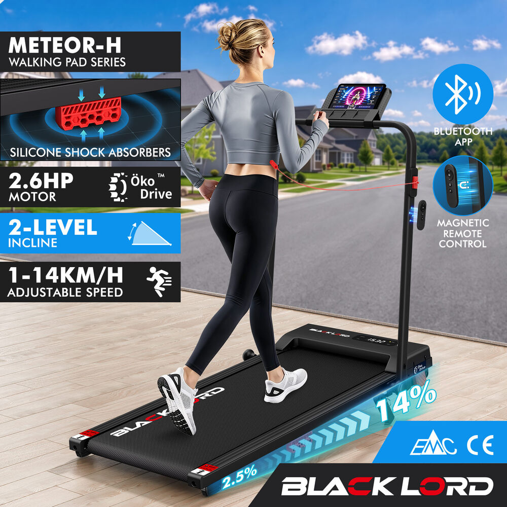 BLACK LORD Treadmill Walking Pad 14% Incline Foldable Magnetic Remote 38cm Black
