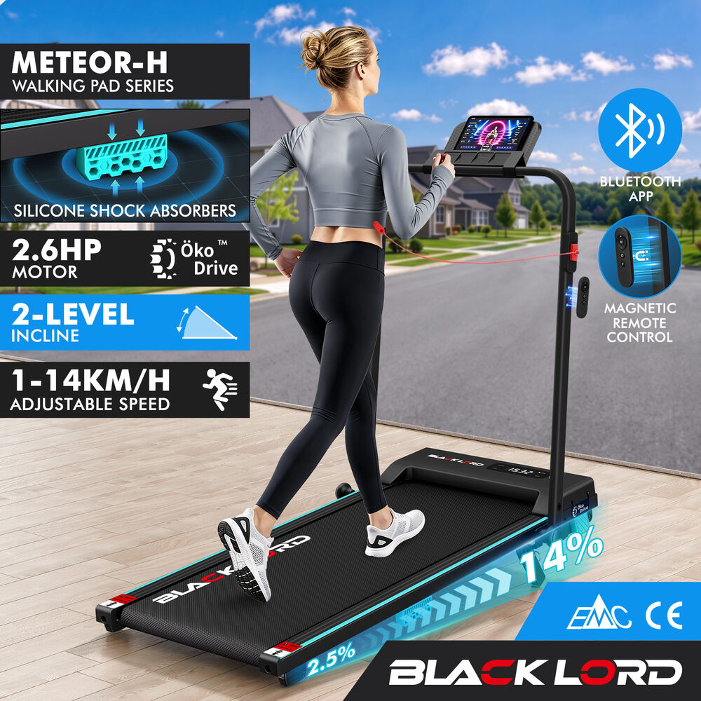 BLACK LORD Treadmill Walking Pad 14% Incline Foldable Magnetic Remote 38cm Cyan