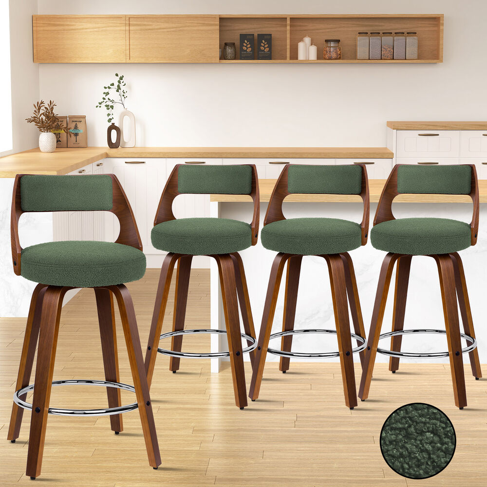ALFORDSON 4x Swivel Bar Stools 65cm Kitchen Wooden Dining Chair Boucle Green
