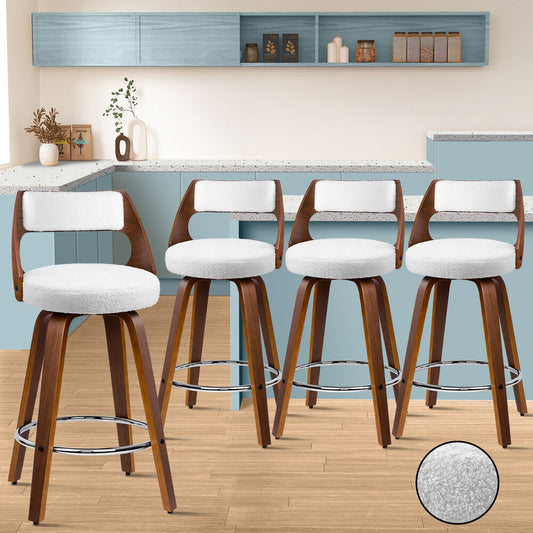 ALFORDSON 4x Swivel Bar Stools 65cm Kitchen Wooden Dining Chair Boucle White