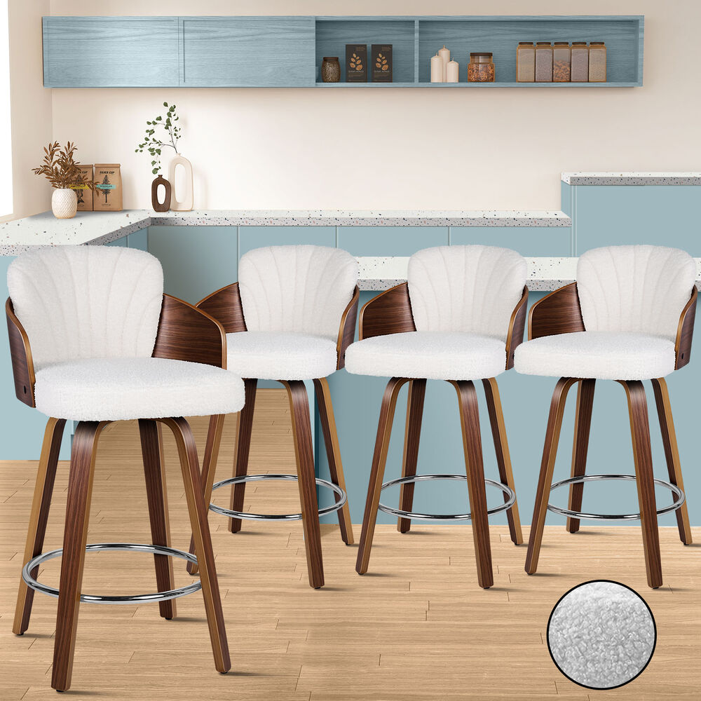 ALFORDSON 4x Swivel Bar Stools Alice Kitchen Wooden Dining Chair Boucle White