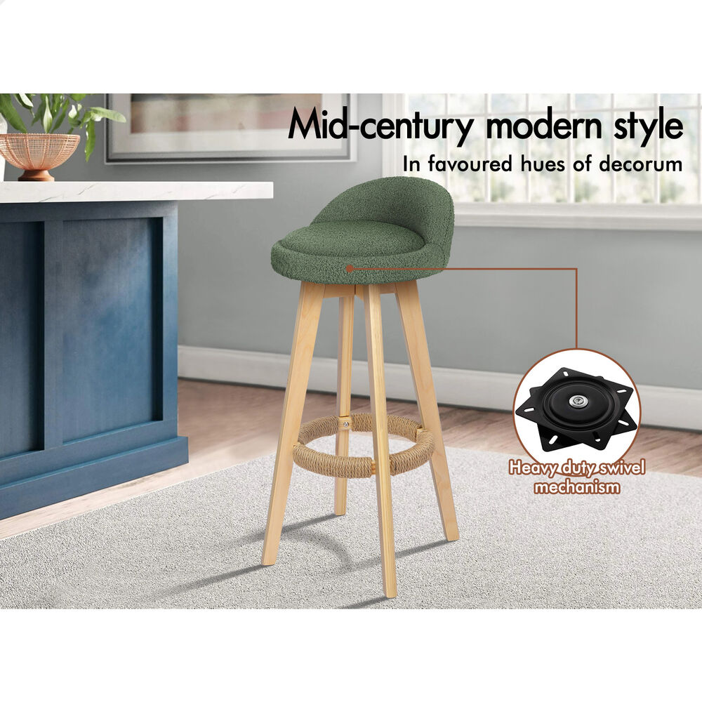 ALFORDSON 4x Kitchen Bar Stools Liam Wooden Swivel Bar Stool Chairs Boucle Green