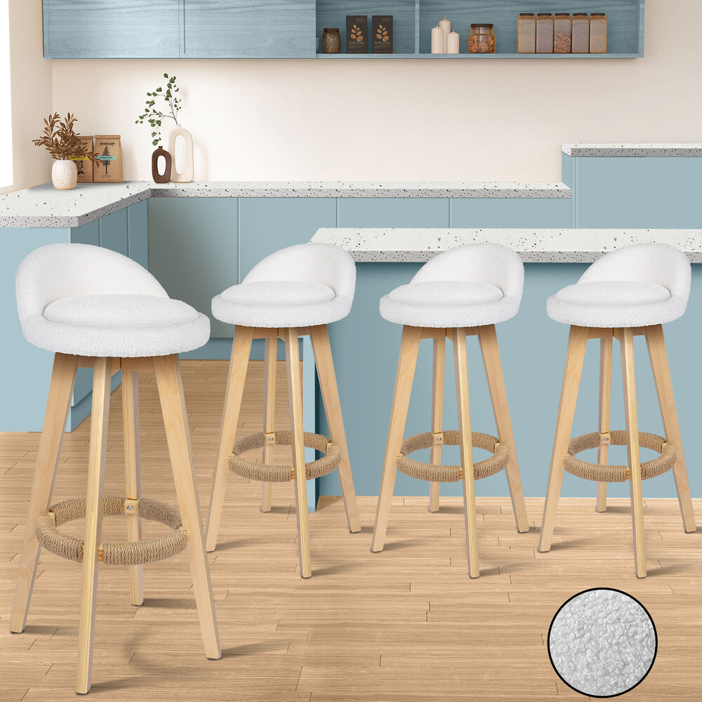 ALFORDSON 4x Kitchen Bar Stools Liam Wooden Swivel Bar Stool Chairs Boucle White