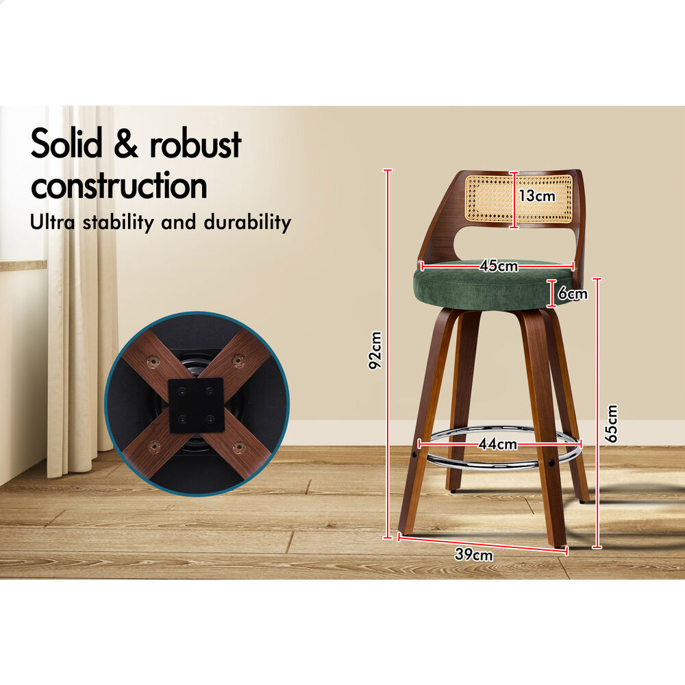 ALFORDSON 2x Bar Stools Chenille 65cm Swivel Kitchen Wooden Dining Chair Green