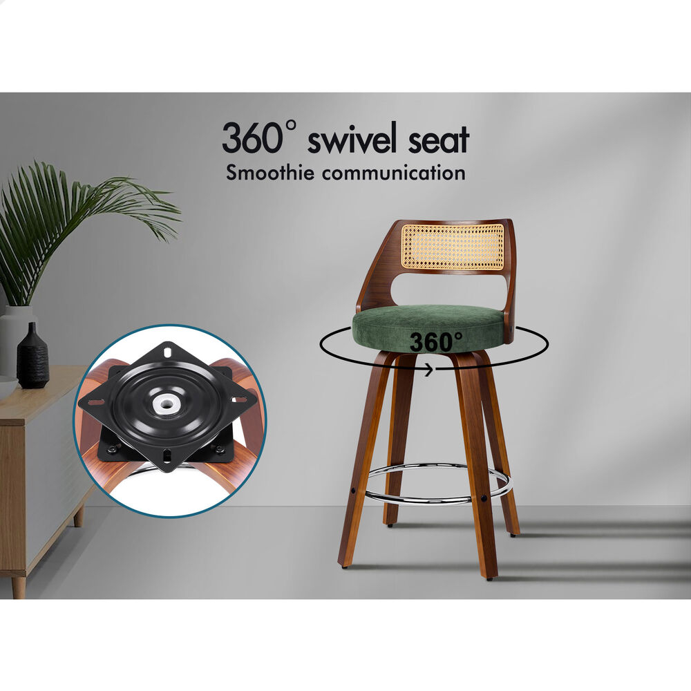 ALFORDSON 2x Bar Stools Chenille 65cm Swivel Kitchen Wooden Dining Chair Green