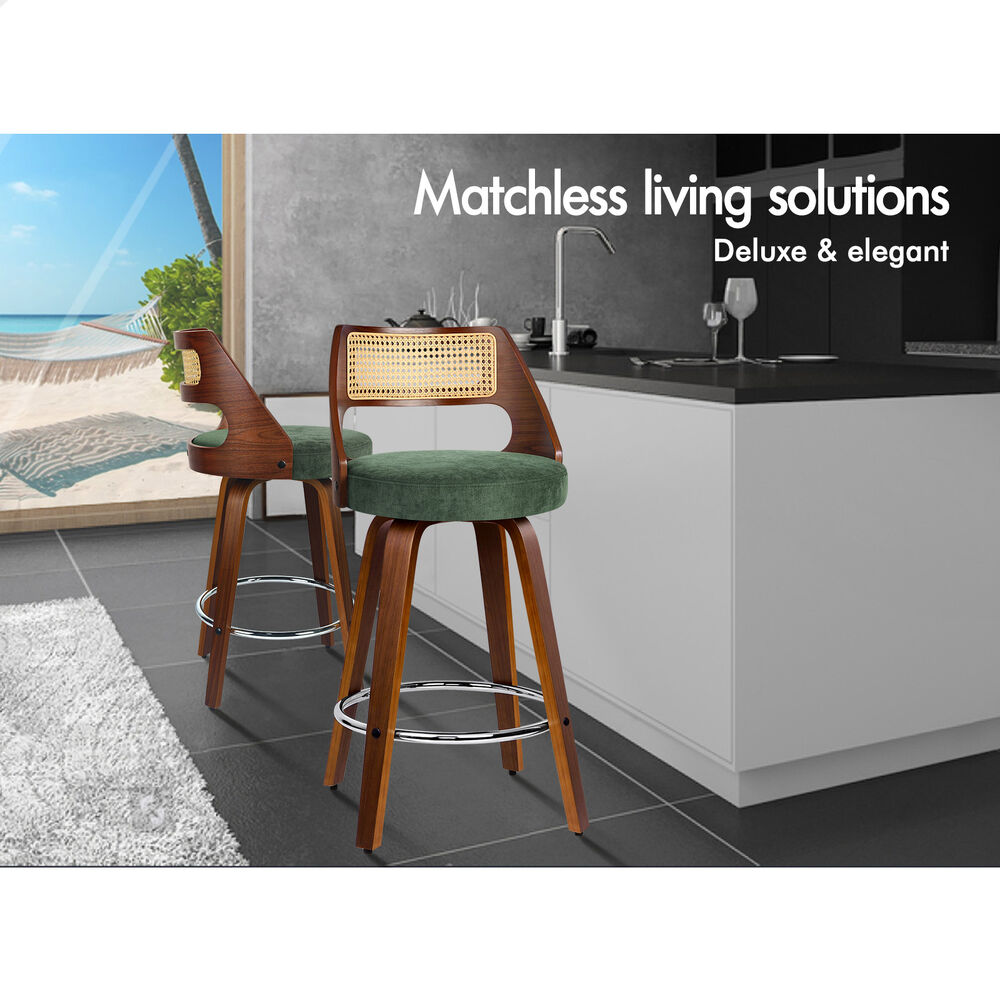 ALFORDSON 2x Bar Stools Chenille 65cm Swivel Kitchen Wooden Dining Chair Green